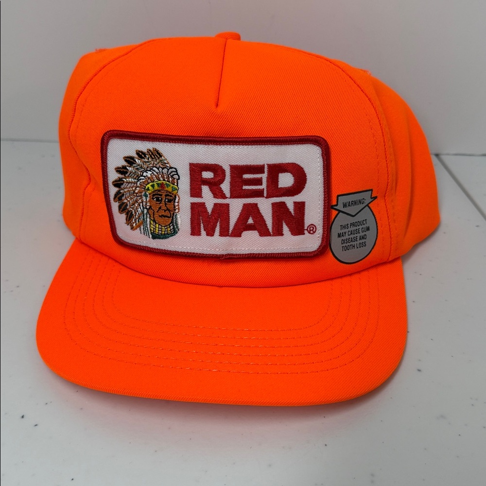 Rare VTG Red Man Brand Embroidered SnapBack Hat, bright orange